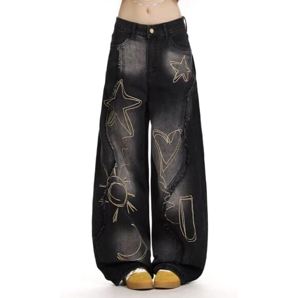 Baggy Women's Jeans Denim Wide Leg Embroidered Patchwork Casual Streetwear - Picture 4 of 6